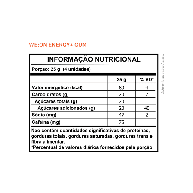 GUM+ ENERGY CAFEÍNA + PALATINOSE Amora - Suplemento Alimentar em Goma - Stick 50gr (8 gomas) - Caixa com 12 saches - 600gr