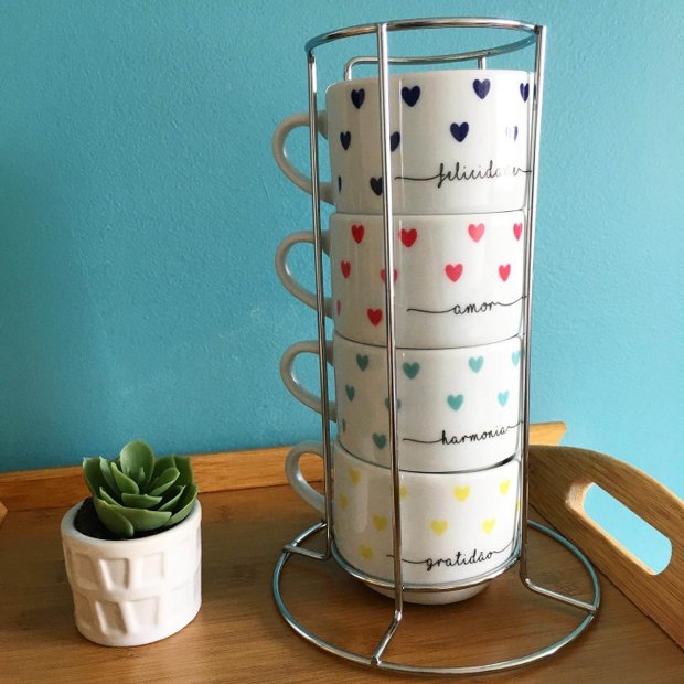 Conjunto de Canecas Empilháveis com Suporte Corações Coloridos (5unid)