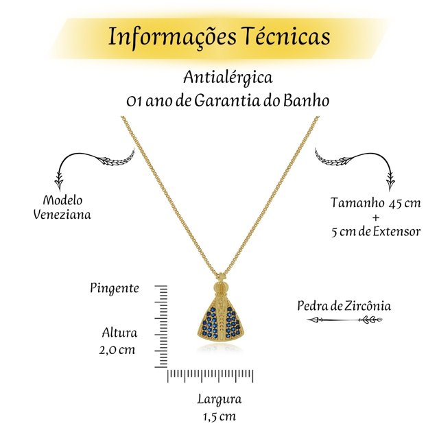 Colar Nossa Senhora Aparecida Manto Azul Banhado Ouro 18k