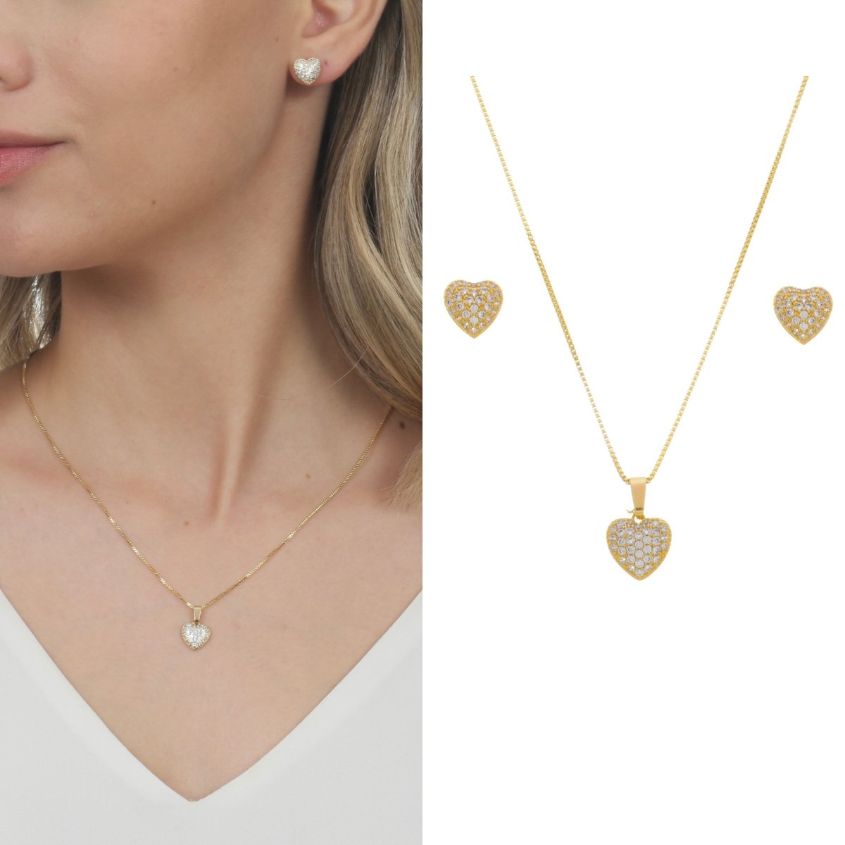 Conjunto Colar Brinco Coração Kit Semi Joia Banhado Ouro 18k