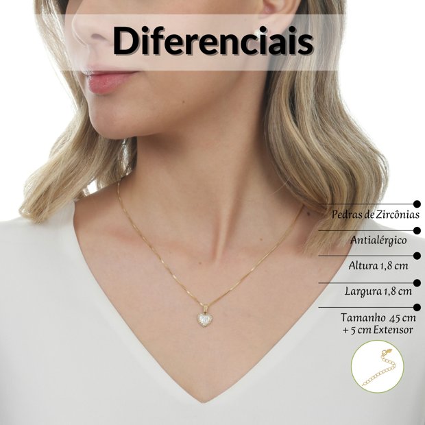 Conjunto Colar Brinco Coração Kit Semi Joia Banhado Ouro 18k
