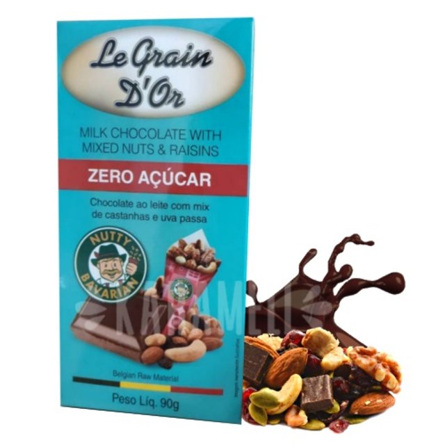 Chocolate Leite ZERO Nutty Bavarian Mix Castanhas Uva passa - Le Grain D'or - Bélgica