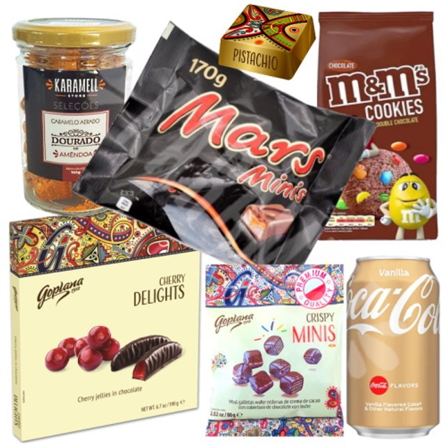 Kit Box 7 Itens - Refrigerante Chocolate Cookies Dourado - Importado