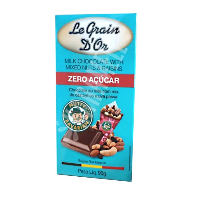 Chocolate Leite ZERO Nutty Bavarian Mix Castanhas Uva passa - Le Grain D'or - Bélgica