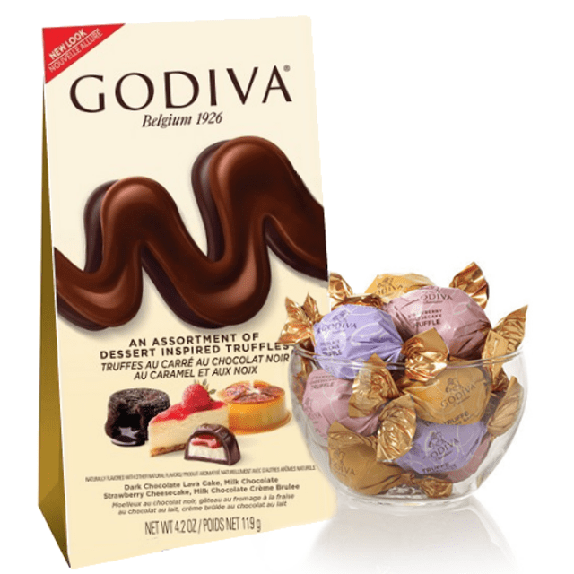 Trufas Godiva Assortment Dessert Truffles -  Chocolate Cake, Strawberry Cheesecake & Crème Brulee - Importado da Bélgica - 119g