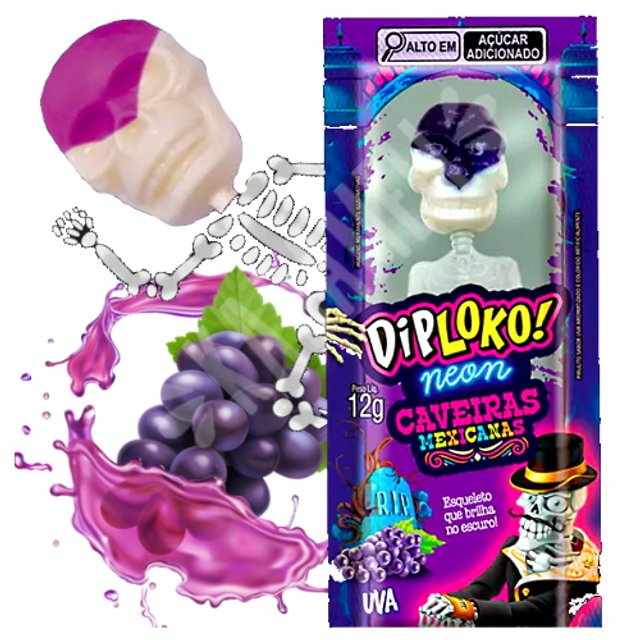 Pirulito Dip Loko Neon Caveiras Mexicanas Uva - Importado