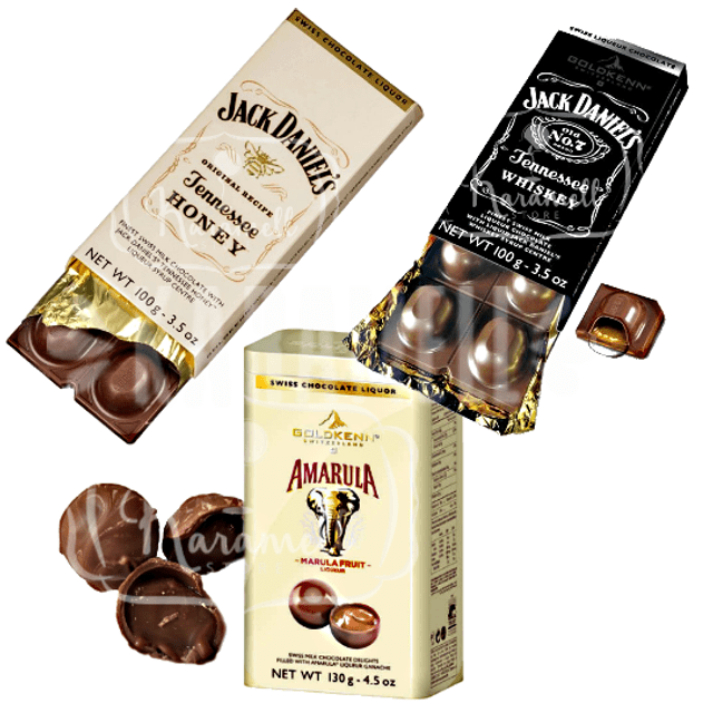 Kit 3 Chocolates da Goldkenn - 2 Jack Daniel's + 1 Amarula - Importado Suíça