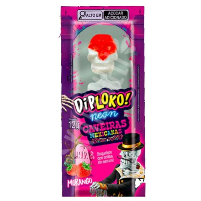 Pirulito Dip Loko Neon Caveiras Mexicanas Morango - Importado