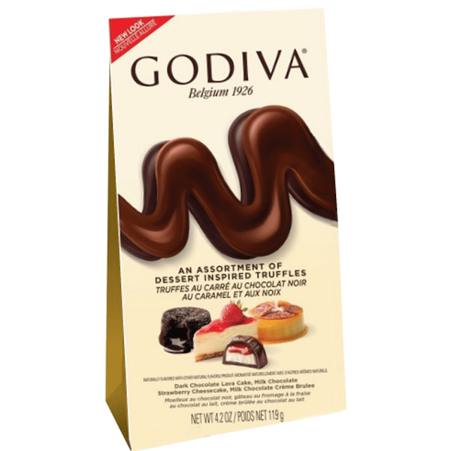 Trufas Godiva Assortment Dessert Truffles -  Chocolate Cake, Strawberry Cheesecake & Crème Brulee - Importado da Bélgica - 119g