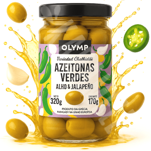 Azeitonas Verdes com Alho & Jalapeno - Olymp - Importado Grécia