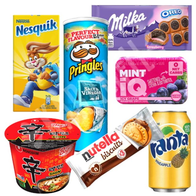 Kit Box 7 Itens Importados - Pringles Milka Nesquik Balas Lamem 
