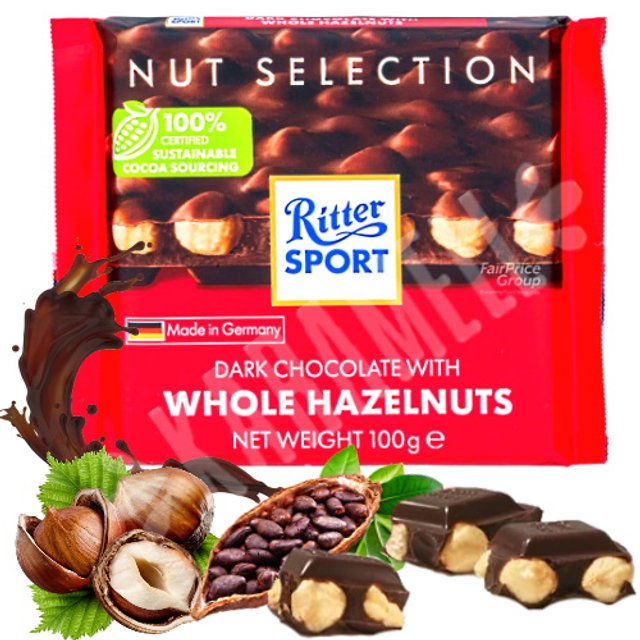 Dark Chocolate Ritter Sport Whole Hazelnuts - Importado Alemanha