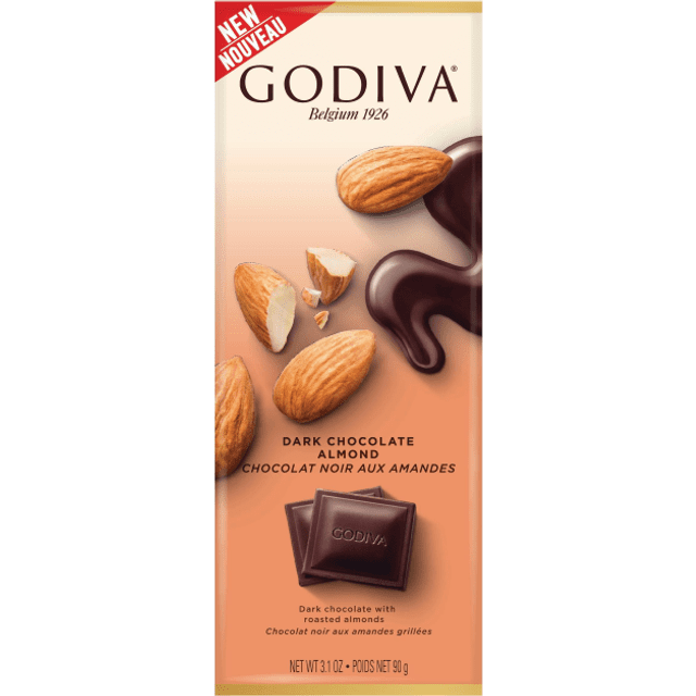 Godiva Dark Chocolate Almond Bar - Chocolate 72% Cacau & Amêndoas - Importado da Bélgica - 90g