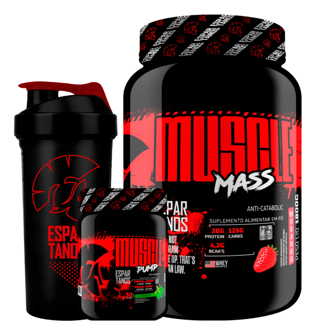 Hipercalórico Muscle Mass + Pré Treino Muscle Pump + Shaker ESPARTANOS