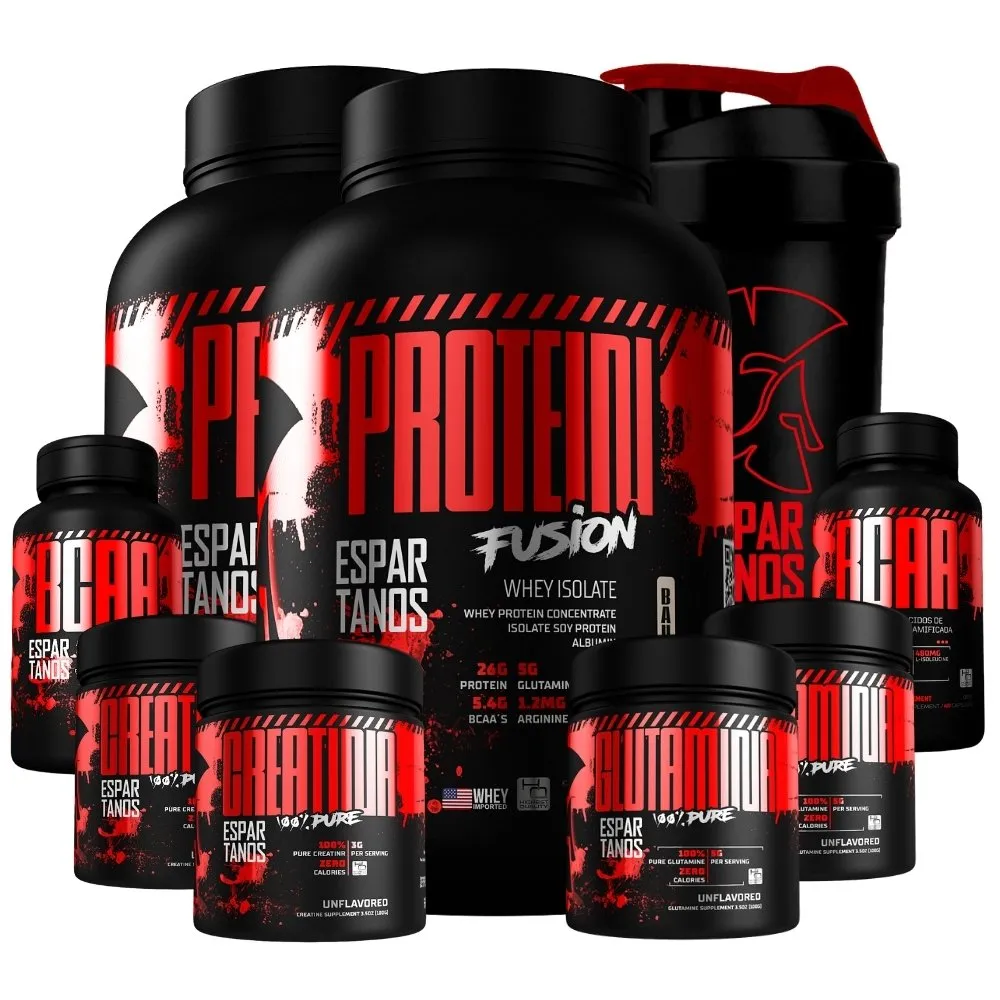 Kit 2x Whey Protein Fusion Isolate + 2x Bcaa + 2x Creatina 100% Pura Monohidratada + 2x Glutamina Pura + Shaker