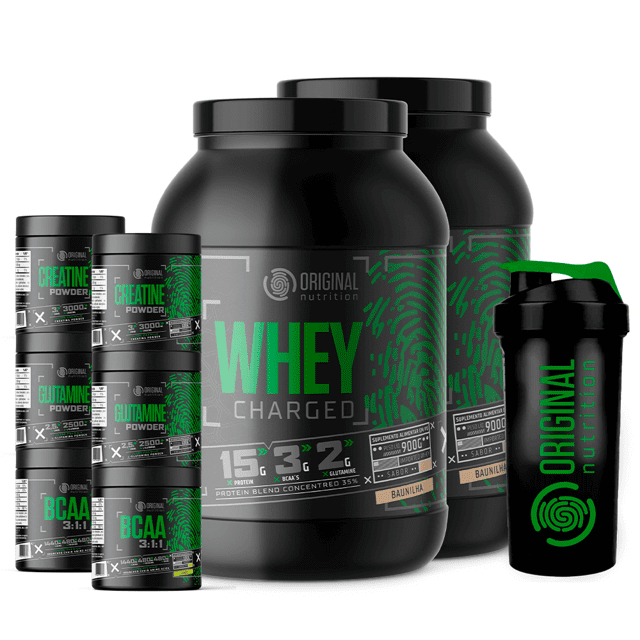 Kit 2x Whey Protein Charged + 2x Gluta + 2x Bcaa + 2x Crea + Shaker