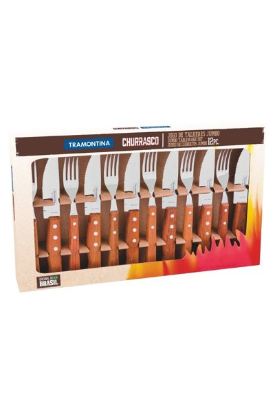 Jogo de Talheres Jumbo Para Churrasco Tramontina Com Lâminas em Aço Inox e Cabos em Madeira Natural 12 Peças
