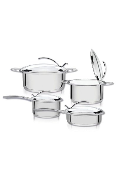 Jogo de Panelas Tramontina Rotonda Ceramic em Aço Inox Fundo Triplo Revestimento Interno em Cerâmica Branca Com Tampa de Vidro 4 Peças