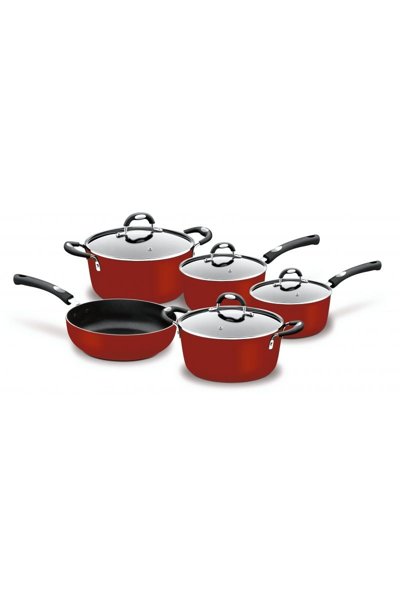 Jogo de Panelas Tramontina Mônaco em Alumínio Com Revestimento Interno Antiaderente Starflon t3 e Cabos em Aço Inox e Silicone Vermelho 5 Peças