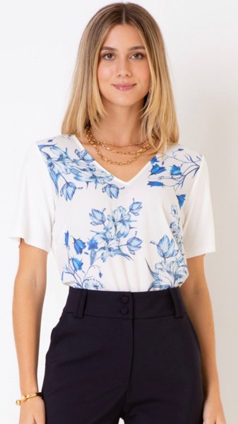 BLUSA MALHA VISCOSE NAS COSTAS E FRENTE CREPE OFF WHITE | LalaMá