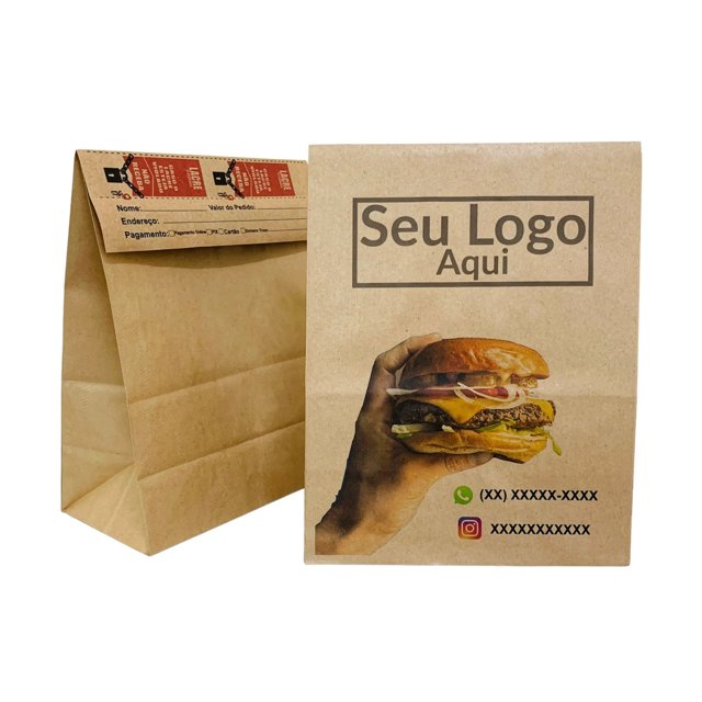 300 Sacos de Papel Kraft Delivery Fast Food com aba fecha fácil 22x28x15