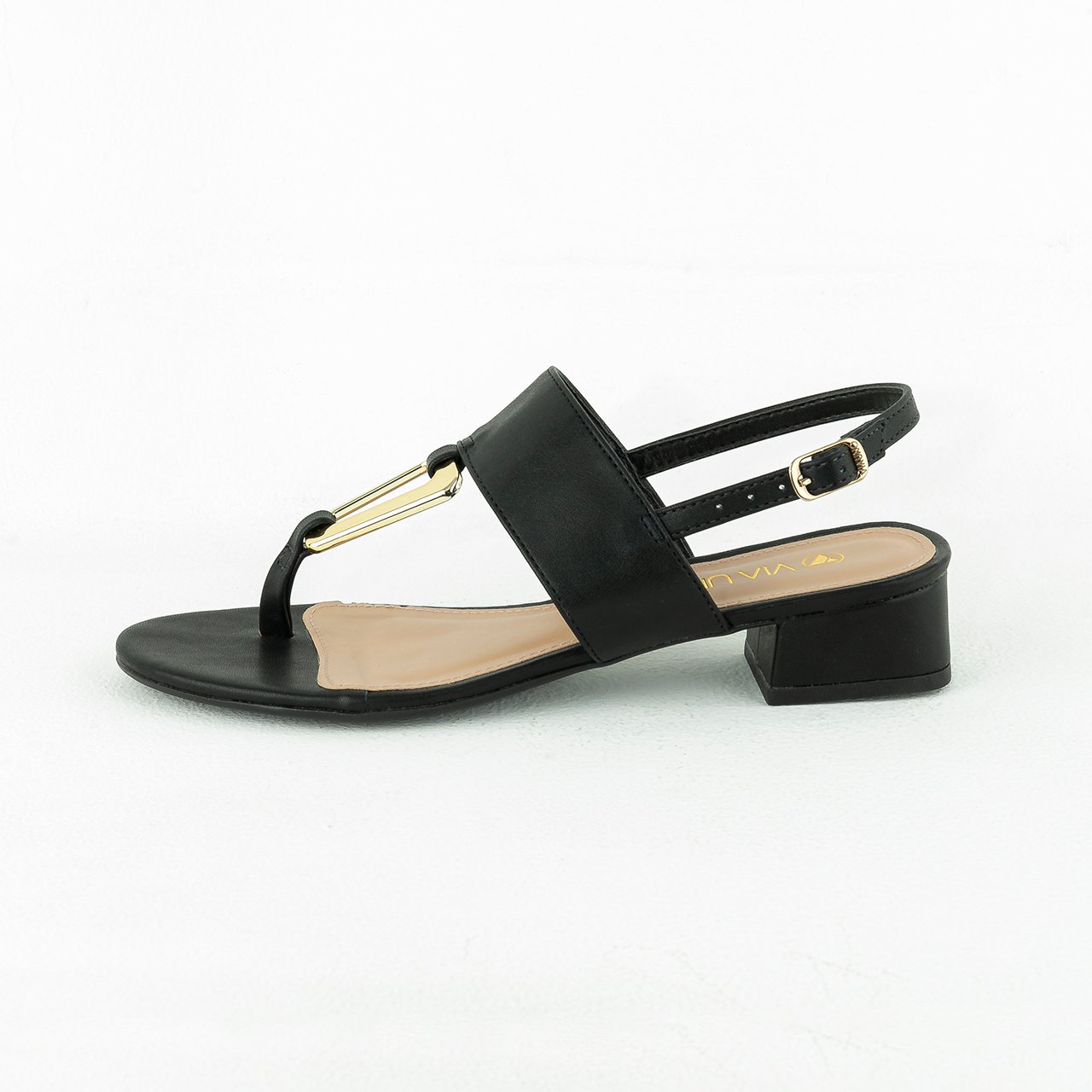 Sandália Via Uno com Enfeite Dourado Salto Baixo | Lá Vem Ela