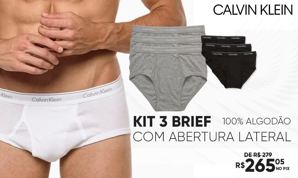 Kit 3 Cuecas Calvin Klein Brief Masculina Preto c/ Elástico Branco