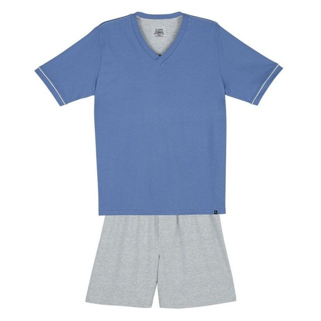 Pijama Masculino Lupo Curto Comfort Algodão Gola V Azul Claro