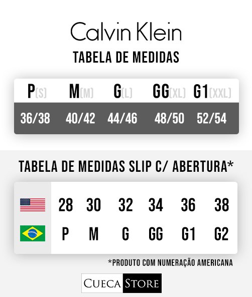 Tabela de Medidas Calvin Klein