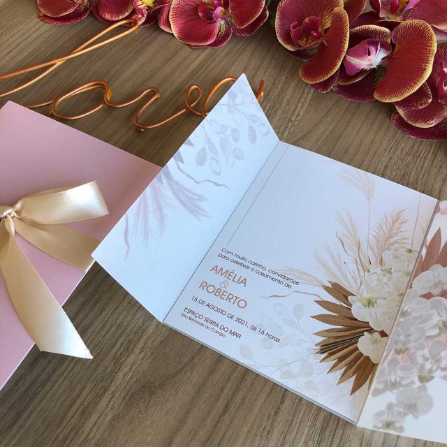 Convite Casamento Clássico Boho Chic Rosa Chá Estúdio Vitória