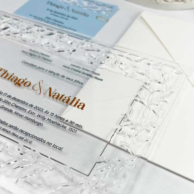 Convite Casamento Cristal Minimalista Rendado Azul Serenety 