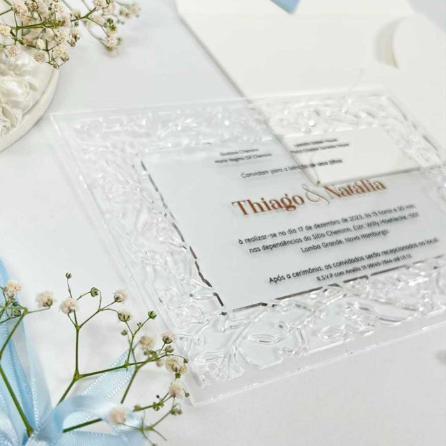 Convite Casamento Cristal Minimalista Rendado Azul Serenety 