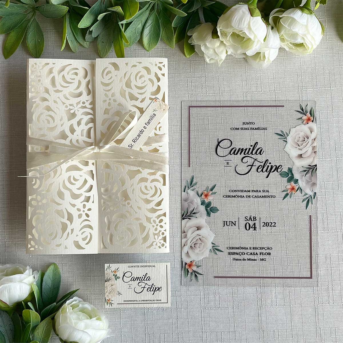 Convite Casamento Cristal Floral Rendado Branco | Estúdio Vitória