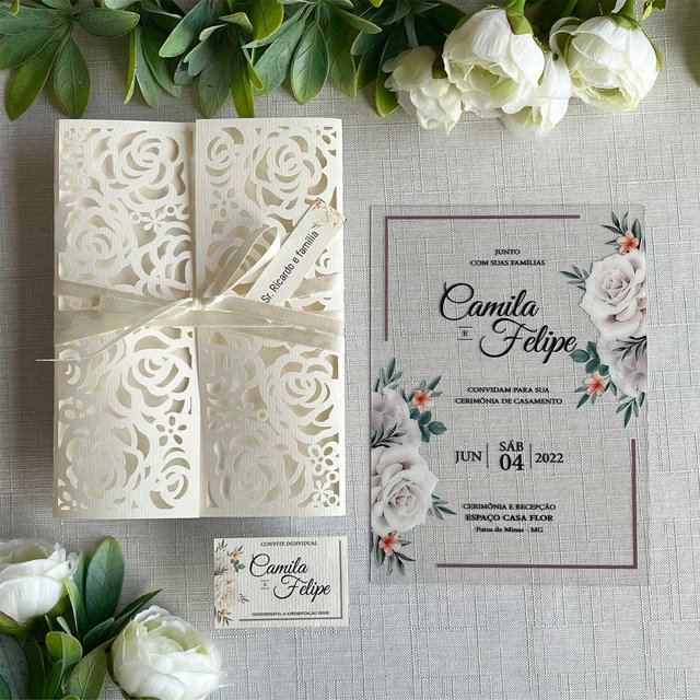 Convite Casamento Cristal Floral Rendado Branco