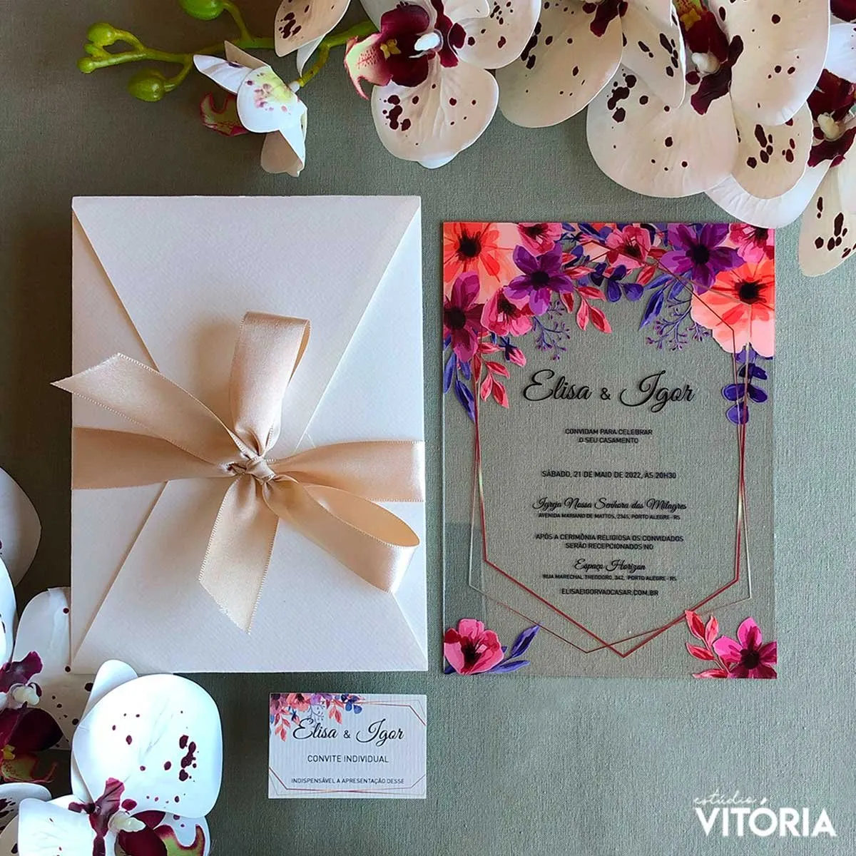 Convite Casamento Cristal Floral Rosados | Estúdio Vitória