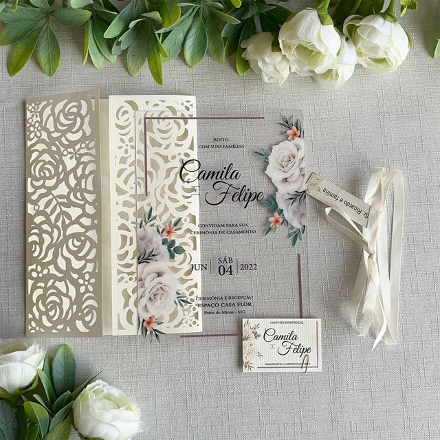 Convite Casamento Cristal Floral Rendado Branco