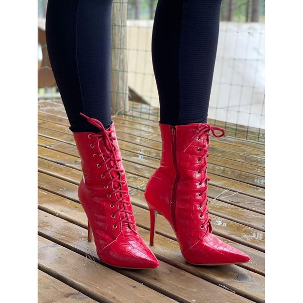 Bota Vermelha Bota Curta De Salto Grosso Bota Cano Médio Bico E