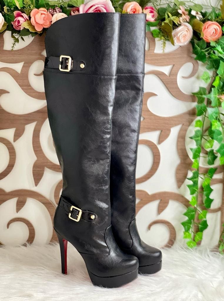 Bota cano longo preta salto best sale fino