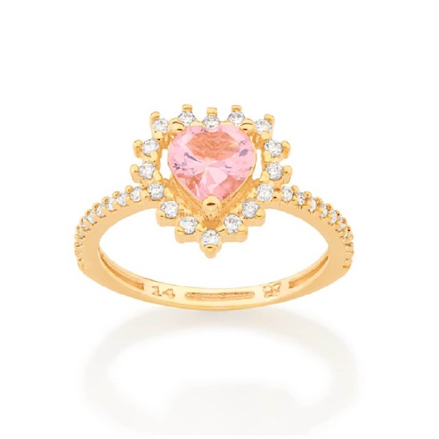 Anel Rommanel Banhado Ouro Coração Cristal Rosa Zircônias 512984