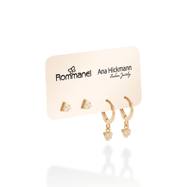 Kit 2 Brincos Rommanel Banhado Ouro 18k Solitário e Argola Triângulo Zircônias 527284