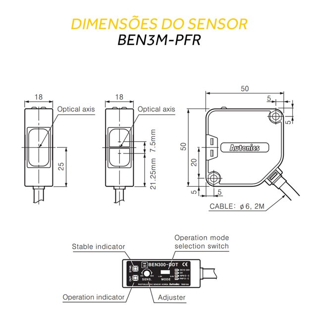 Sensor Fotoelétrico Retrorreflexivo 3m - BEN3M-PFR