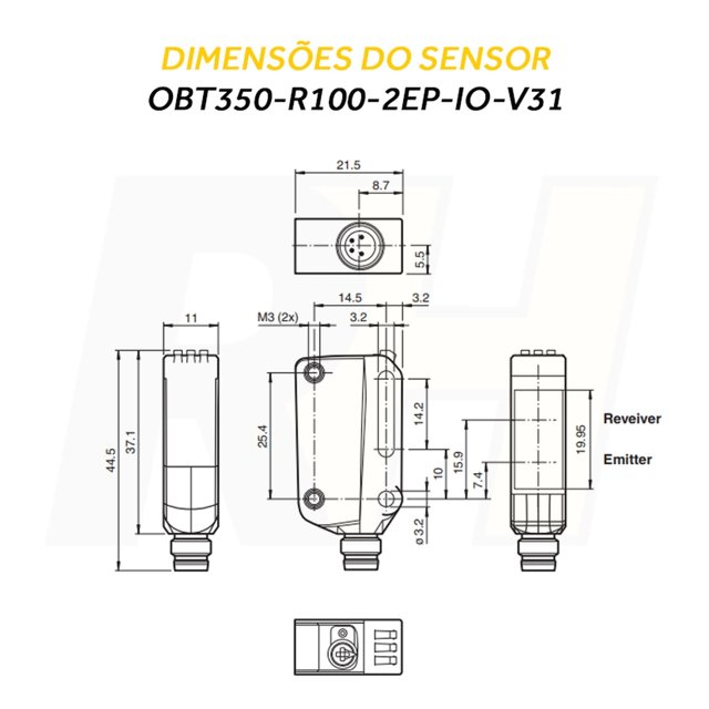 Sensor Fotoelétrico Difuso NPN - OBT350-R100-2EP-IO-V31