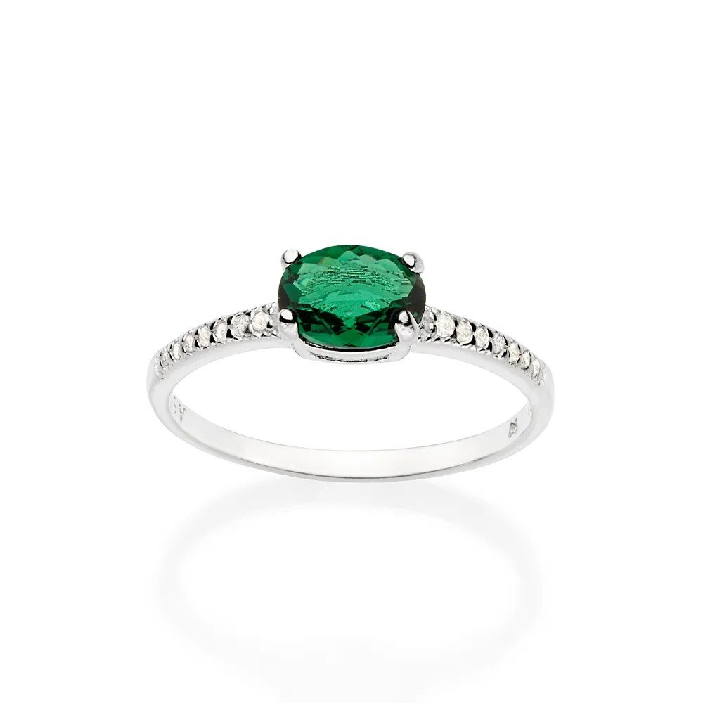 ANEL DE PRATA 925 FEMININO SOLITÁRIO CRAVEJADO COM PEDRA VERDE ZIRCÔNIA E  CRISTAL OVAL ROMMANEL 810268