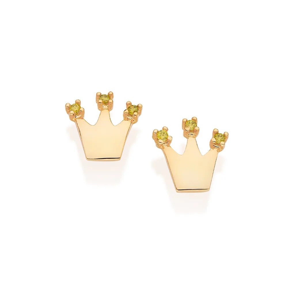 BRINCOS DE OURO 18K FEMININOS PEQUENOS INFANTIL COROA PRINCESA TIANA CRAVEJADO PEDRAS ZIRCÔNIAS VERDES ROMMANEL DISNEY 527292