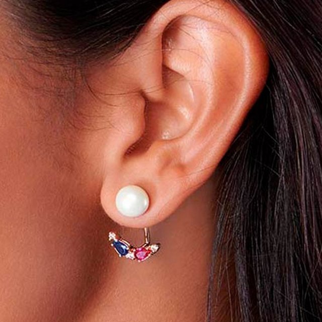 BRINCOS DE OURO 18K FEMININOS PÉROLA ZIRCÔNIAS FESTA COLORIDOS ROMMANEL EAR JACKET ROSA E AZUL 526324