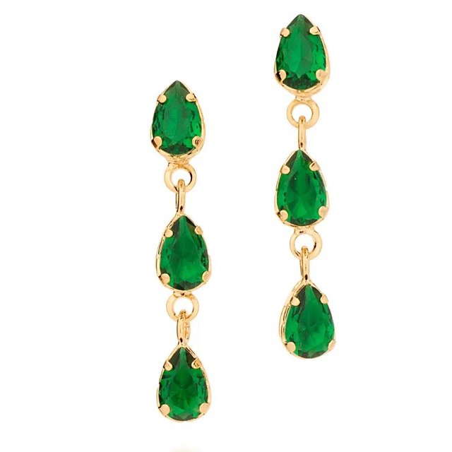 BRINCOS DE OURO 18K FEMININOS FESTA GOTAS VERDES ROMMANEL COM CRISTAIS PENDURADOS 526746