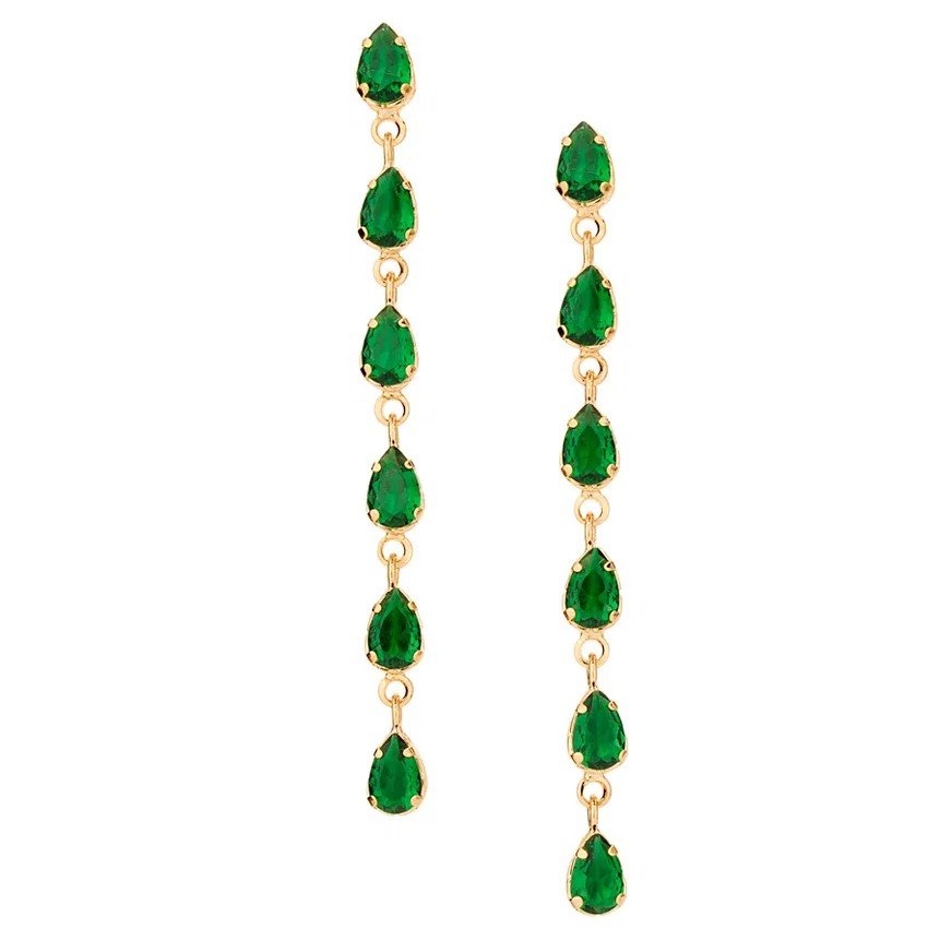 BRINCOS DE OURO 18K FEMININOS GRANDES FESTA GOTAS ROMMANEL CRISTAIS VERDES PENDURADOS 526747