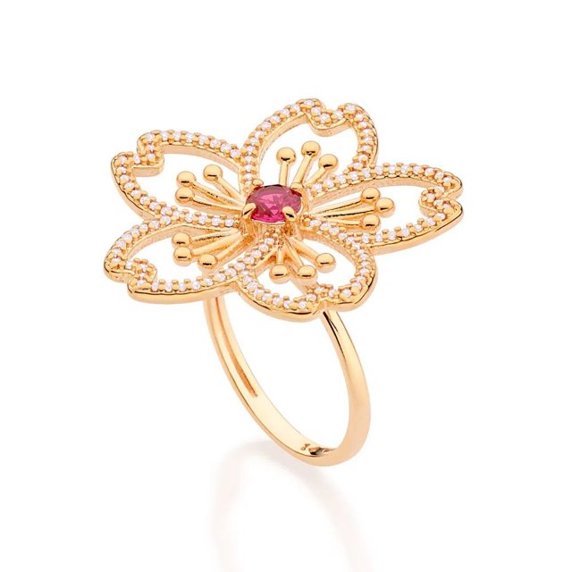 ANEL DE OURO 18K FEMININO COM PEDRA ROMMANEL GRANDE BOTÃO FLOR ESFERAS, ZIRCÔNIAS E CRISTAL ROSA 513388