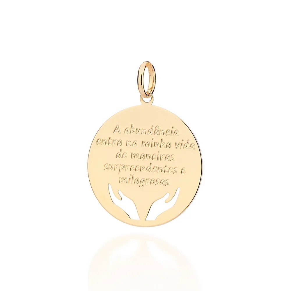 PINGENTE DE OURO 18K FEMININO ROMMANEL REDONDO MÃOS VAZADAS FRASE  ABUNDÂNCIA ENTRA NA MINHA VIDA DE MANEIRAS SURPREENDENTES E MILAGROSAS  542813 | Store Womens