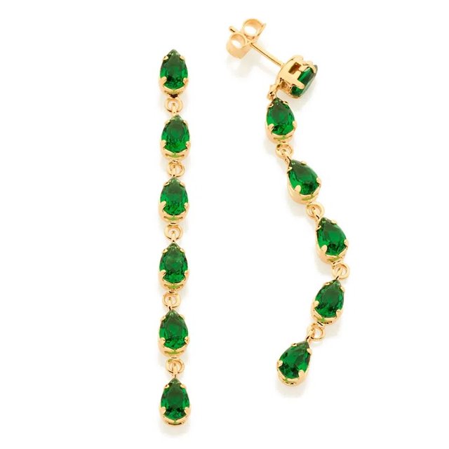 BRINCOS DE OURO 18K FEMININOS GRANDES FESTA GOTAS ROMMANEL CRISTAIS VERDES PENDURADOS 526747